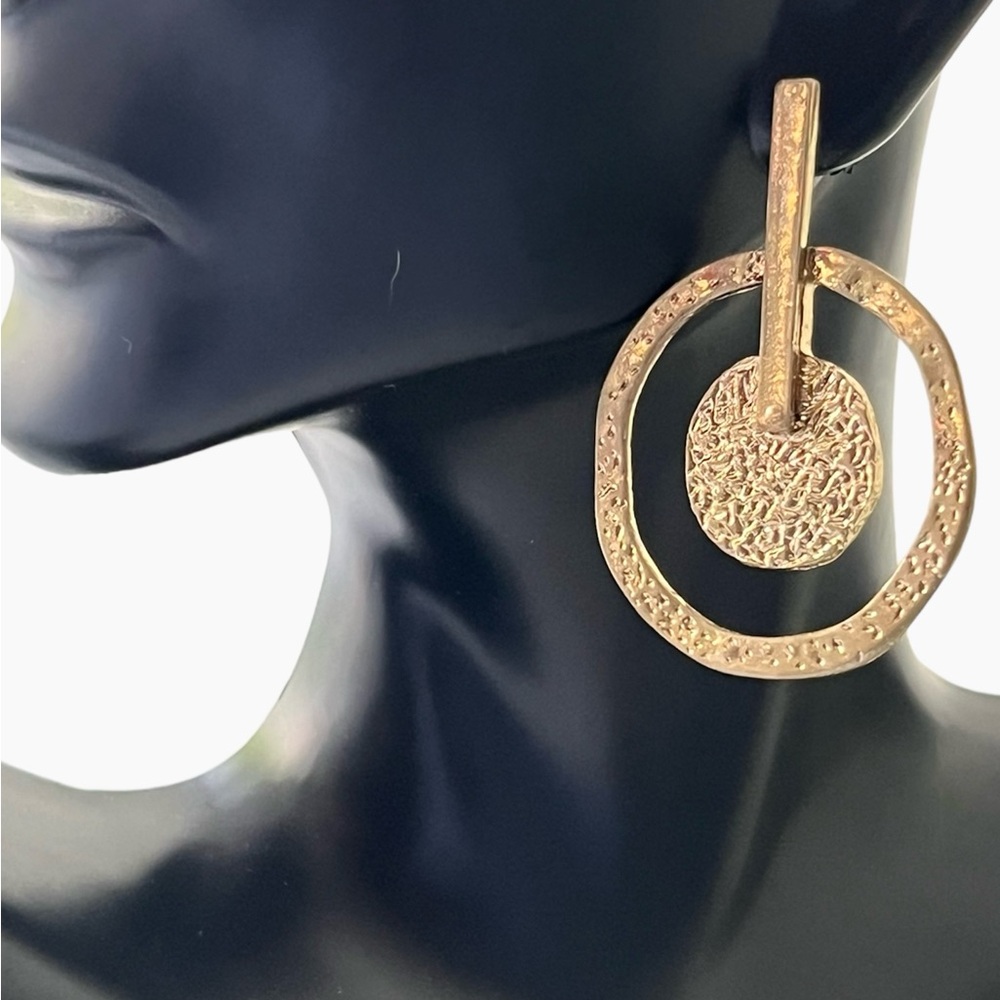 Gold Hammered Disc Drop Earrings- Brushed Metal Circle Statement Earrings
